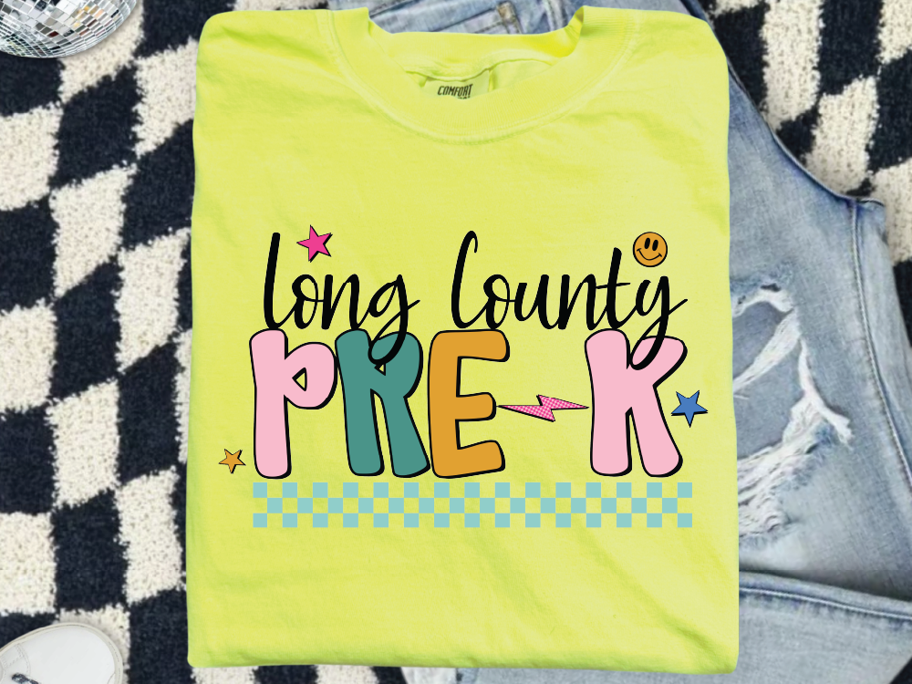 A bright yellow t-shirt with the text "Long County Preschool" printed on it, along with colorful stars and a smiley face.