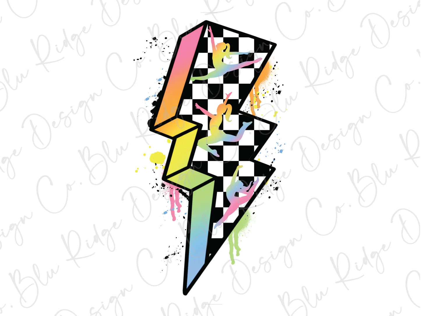 a black and white checkerboard design with a colorful lightning