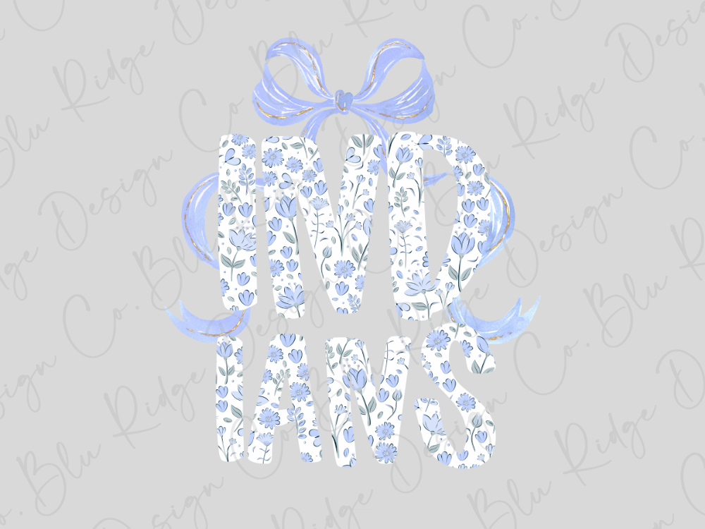 a floral pattern with the word "IVD" written in a stylized font, surrounded by blue flowers and leaves.