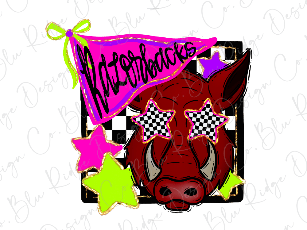 A colorful illustration featuring a red boar with checkerboard eyes, surrounded by stars and a pink flag with the word "Razors" written on it.