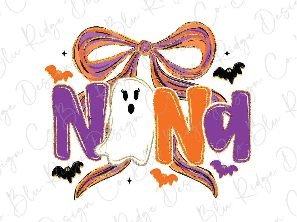 a Halloween-themed design with a ghost, a bow, and bats.