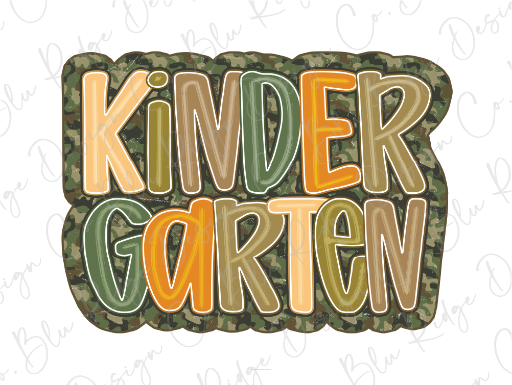 the words kinder garden written in camouflage