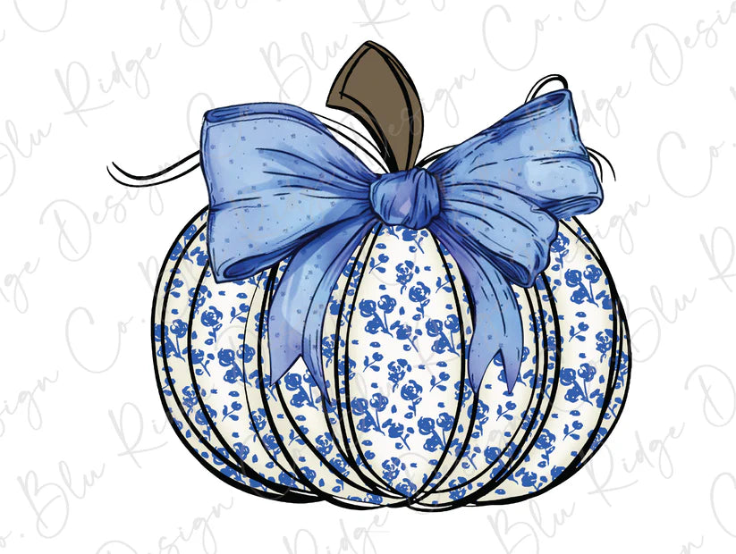 Blue Floral Fall Pumpkin Graphic T-Shirt
