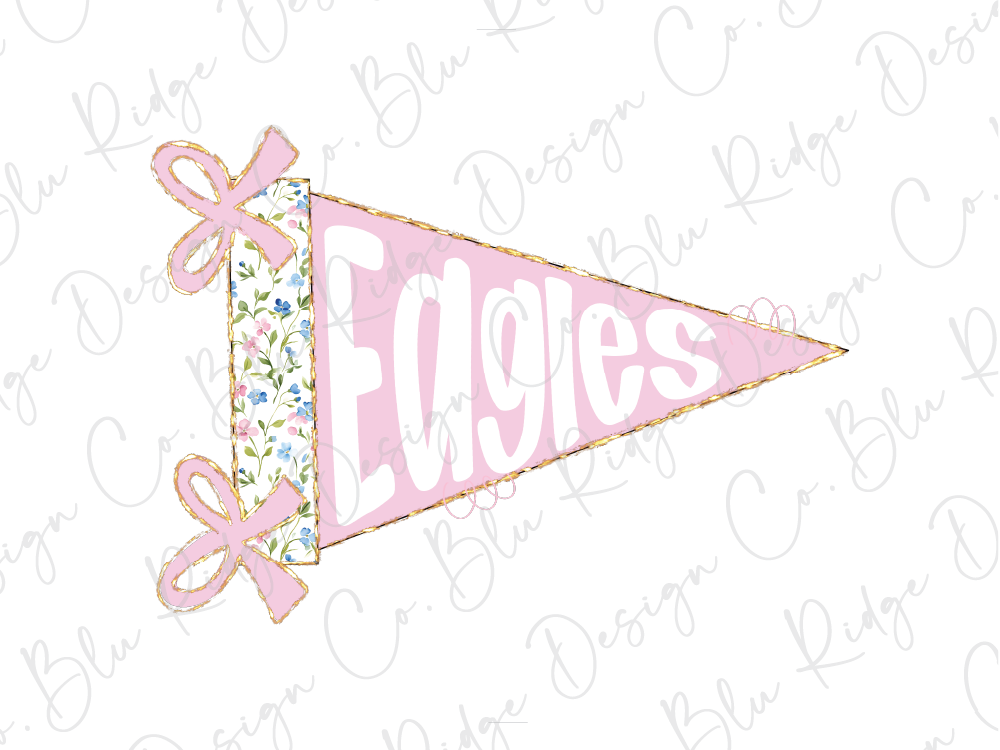A pink triangular flag with the word "Eagles" written on it, along with two pink bows.