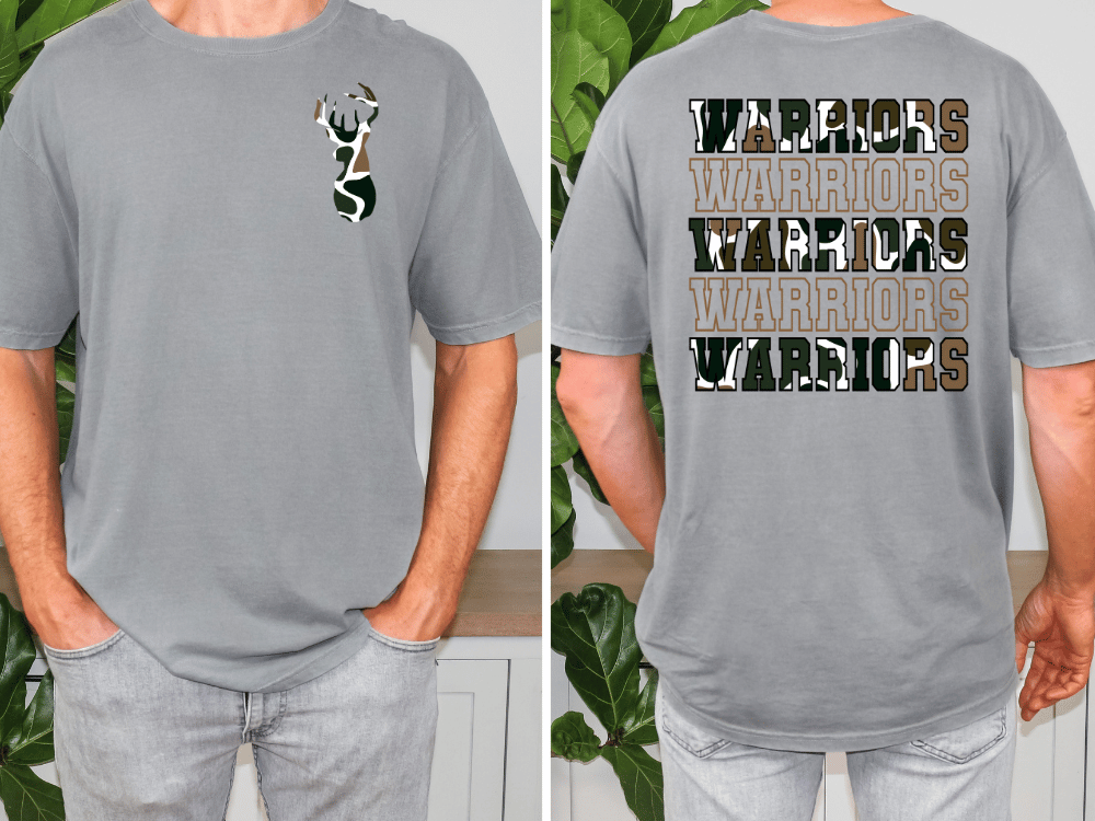 a man wearing a gray t-shirt with a camouflage pattern and the word "Warriors" printed on the back.