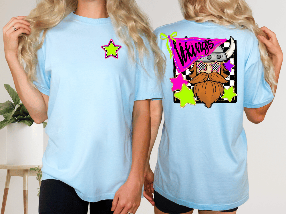 two different views of a woman wearing a light blue t-shirt with a graphic design on the back.