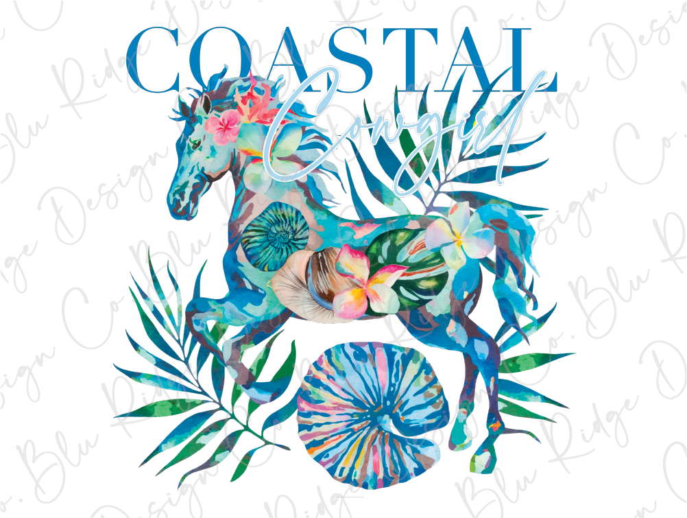 a colorful illustration of a horse surrounded by tropical plants and flowers, with the text "COASTAL CONQUER" prominently displayed.