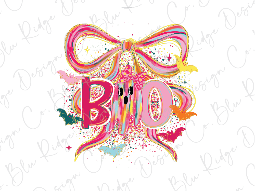 a colorful and whimsical design with the word "BOO" prominently displayed. The design includes a large pink bow, a variety of bats in different colors, and a starburst pattern. The overall composition is visually engaging and playful, with the use of bright colors and the inclusion of the word "BOO" as the central focus.