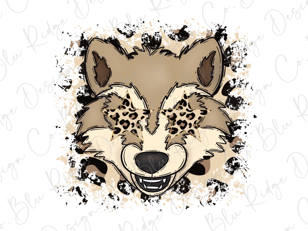 A stylized illustration of a wolf's face with leopard-like markings, surrounded by splatter-like elements in various shades of brown and beige.