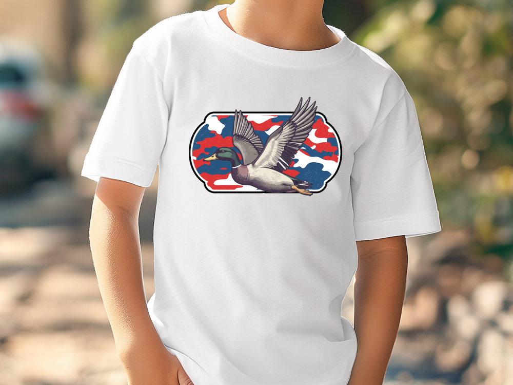 a young boy wearing a white shirt with a bird on it