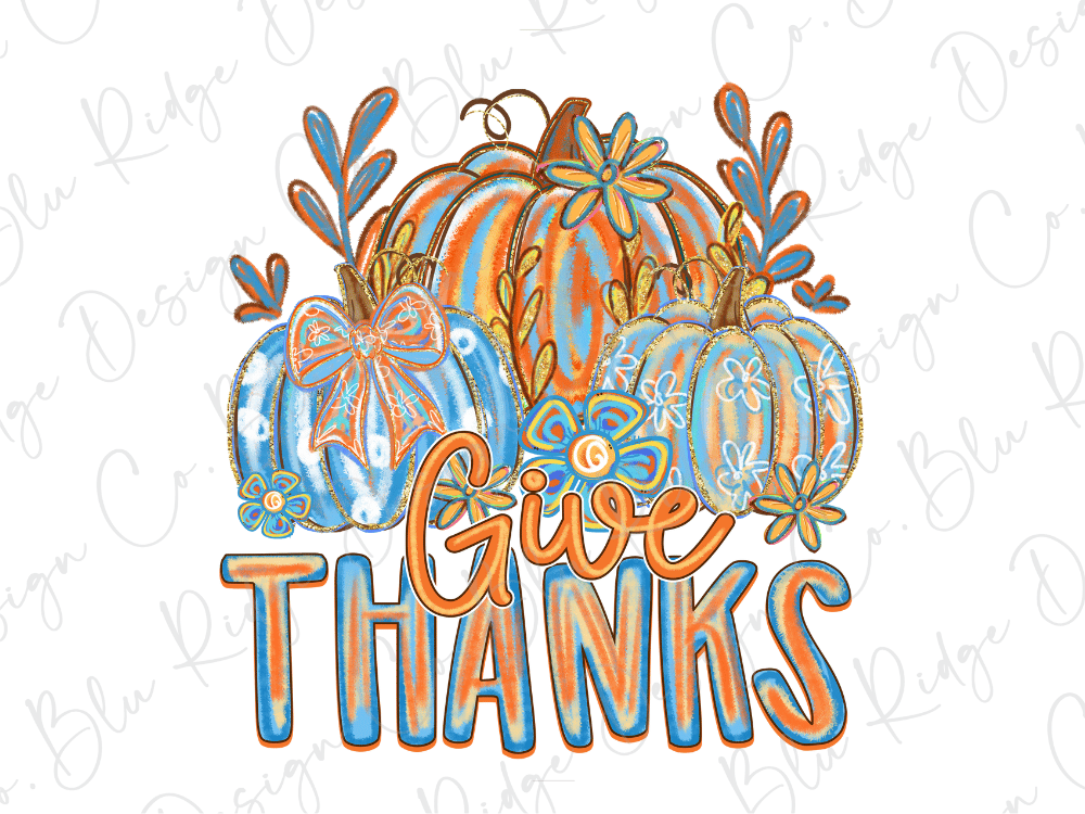a colorful illustration of pumpkins and flowers with the text "Give Thanks" written in a stylized font.