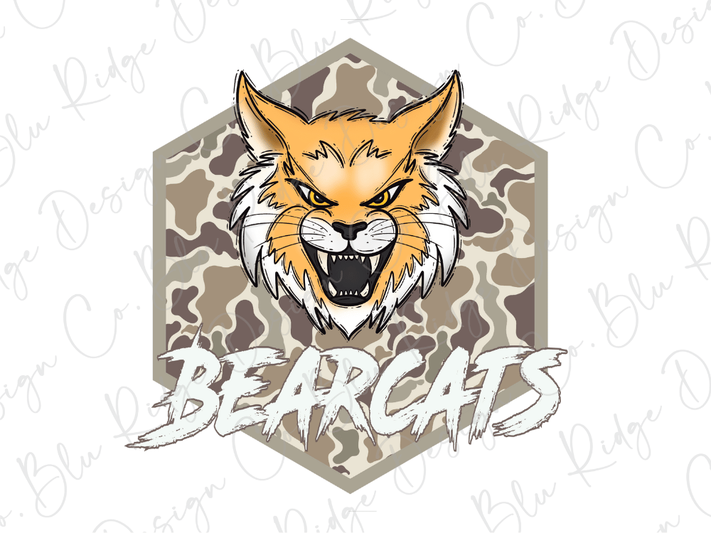 A stylized illustration of a fierce-looking cat with a text overlay that reads "BEARCATS".