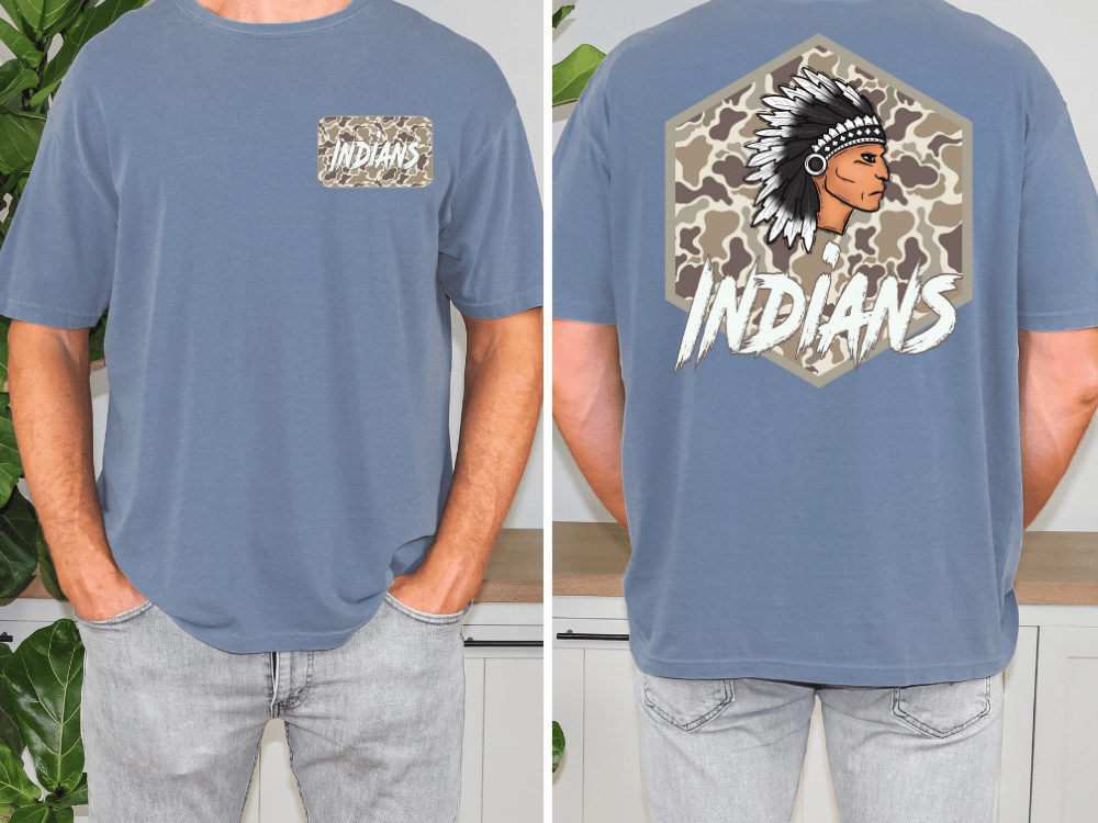 a man wearing a blue t-shirt with a graphic design on the back. The design features a Native American headdress and the word "INDIANS" written below it.