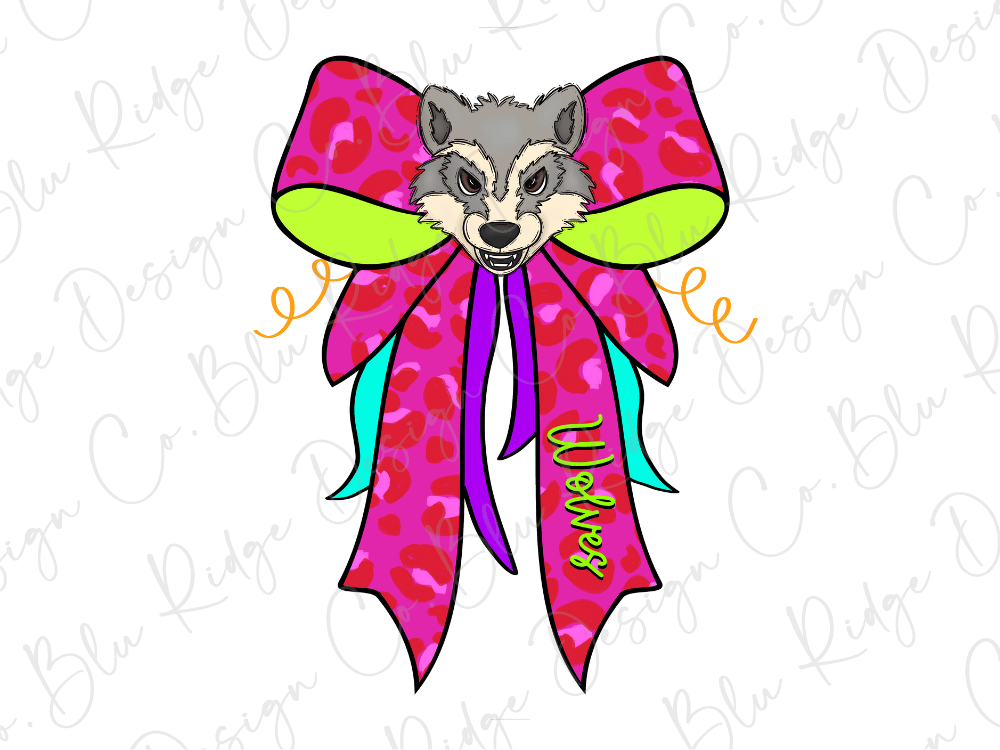 A cartoon illustration of a wolf's head wearing a large pink bow with a leopard print pattern.