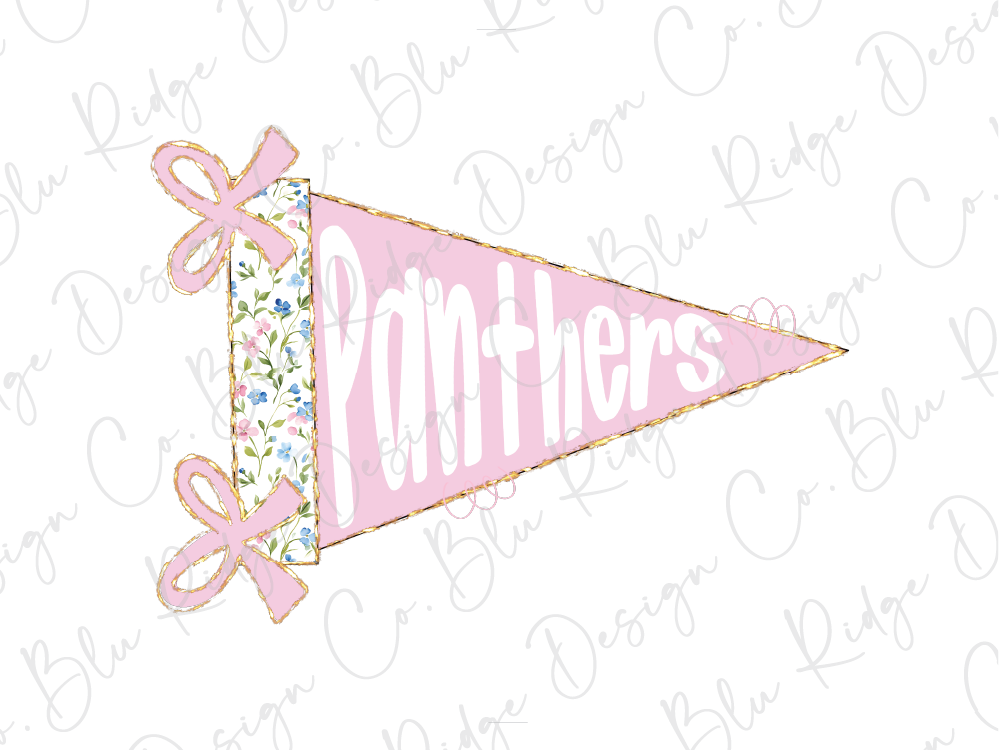A pink triangular flag with the word "Panthers" written on it, along with two pink bows.