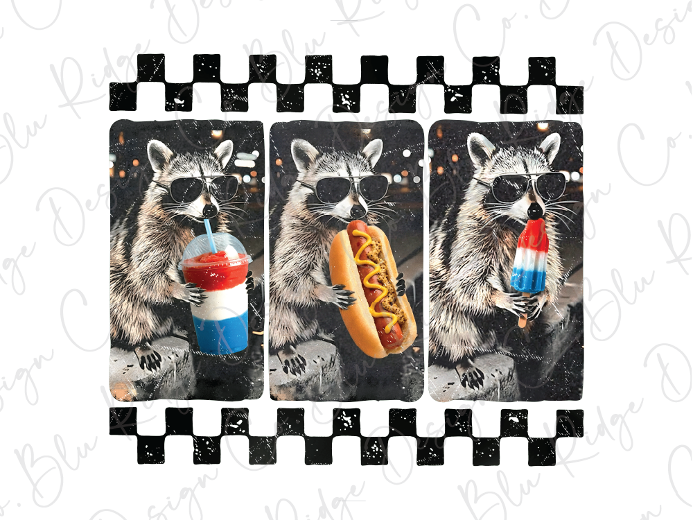 A collage of three images featuring raccoons holding various objects, including a hot dog, a drink, and a popsicle.