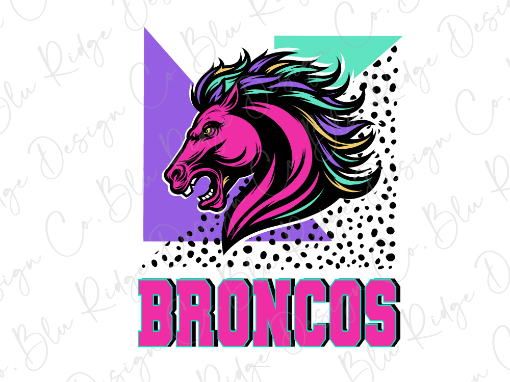 a stylized illustration of a horse's head with a pink and purple color scheme, along with the word "BRONCO" written in large pink letters.