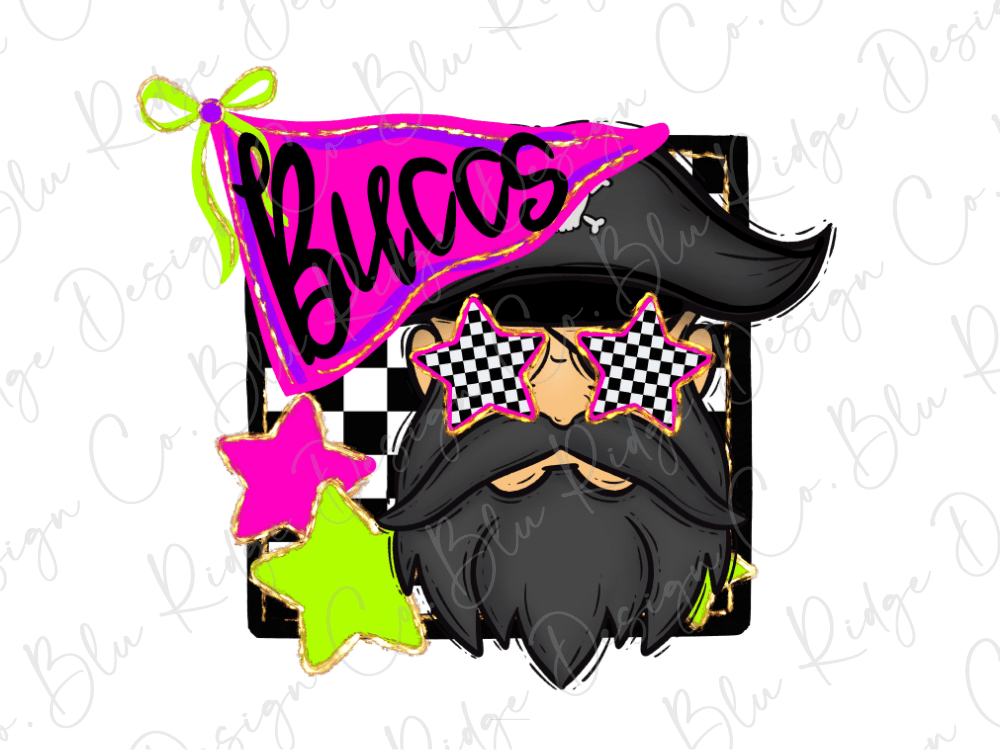 A colorful illustration featuring a bearded man wearing sunglasses and a pirate hat, with a banner that says "BUCCIOS" and stars.