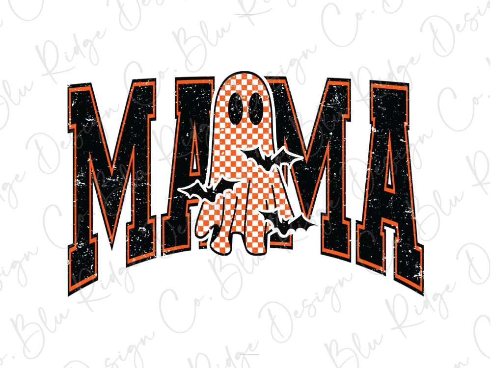 a Halloween-themed design with the word "MAMA" prominently displayed. The word is made up of stylized orange and black letters, with a checkered pattern and bats incorporated into the design.