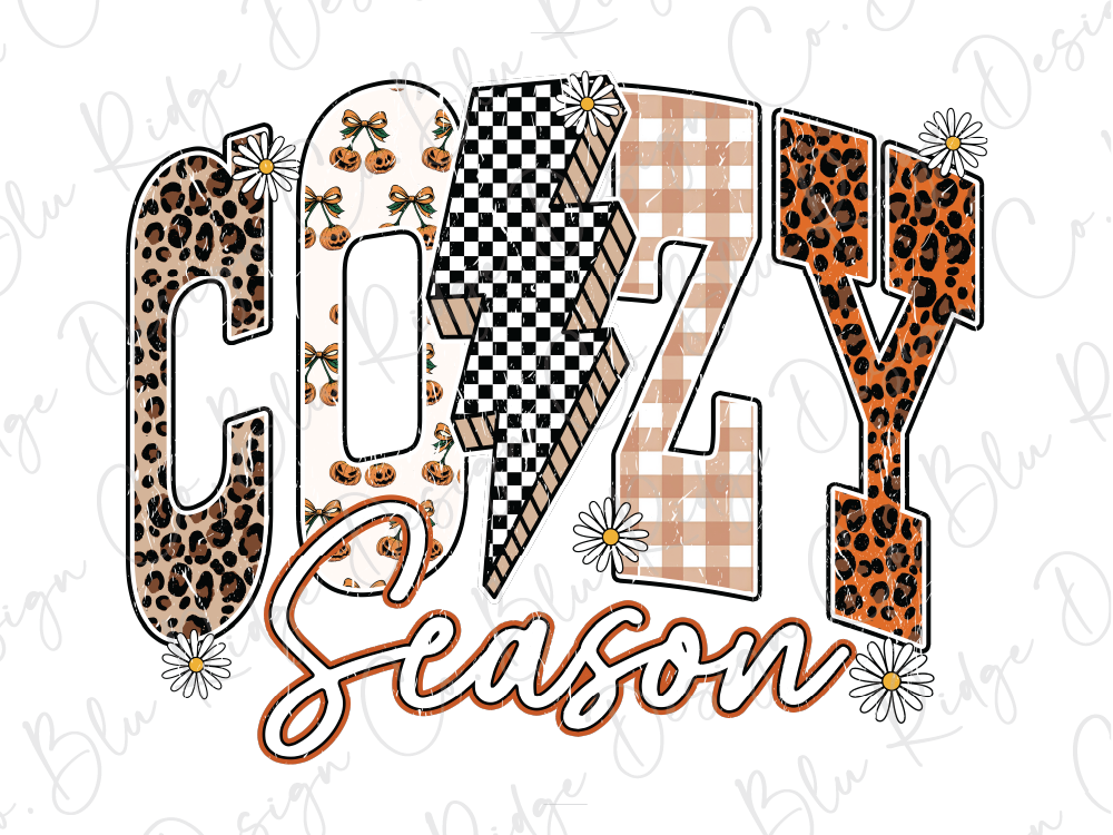 The image is a stylized text that reads "COZY Season" with various decorative elements such as leopard print, checkered patterns, and flowers.