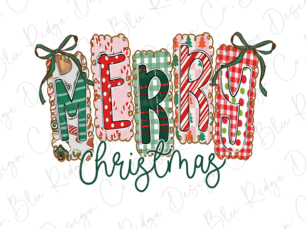 a festive and colorful arrangement of the word "MERRY" in a decorative font, with the word "Christmas" written below it. The letters are made up of various shapes and patterns, including candy canes, bows, and other holiday-themed elements, creating a cheerful and celebratory design.