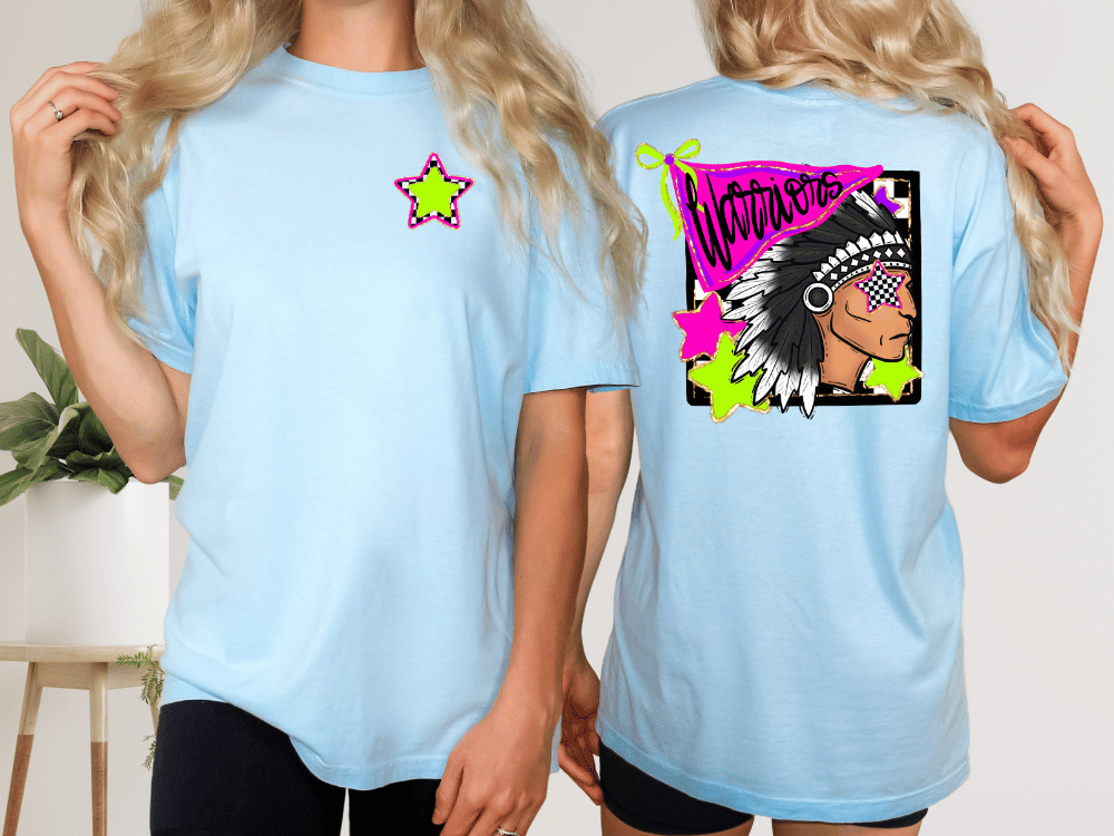 two women wearing light blue t-shirts with a graphic design on the back.