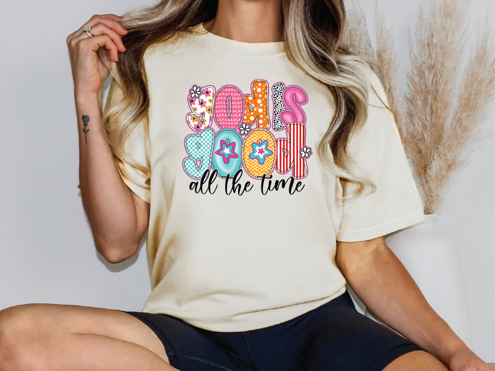 a woman wearing a t - shirt that says girls all the time