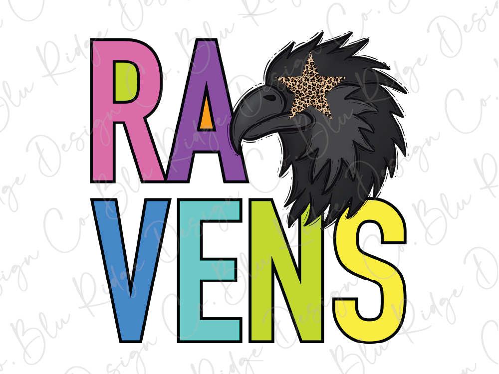 a stylized representation of the word "RAVENS" with a bird-like design element, likely a stylized eagle or hawk, on the right side.