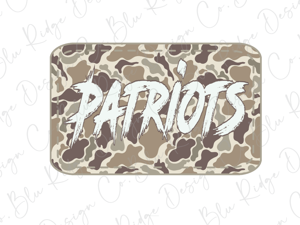 A camouflage-patterned rectangular shape with the word "Patriots" written in a bold, white font.