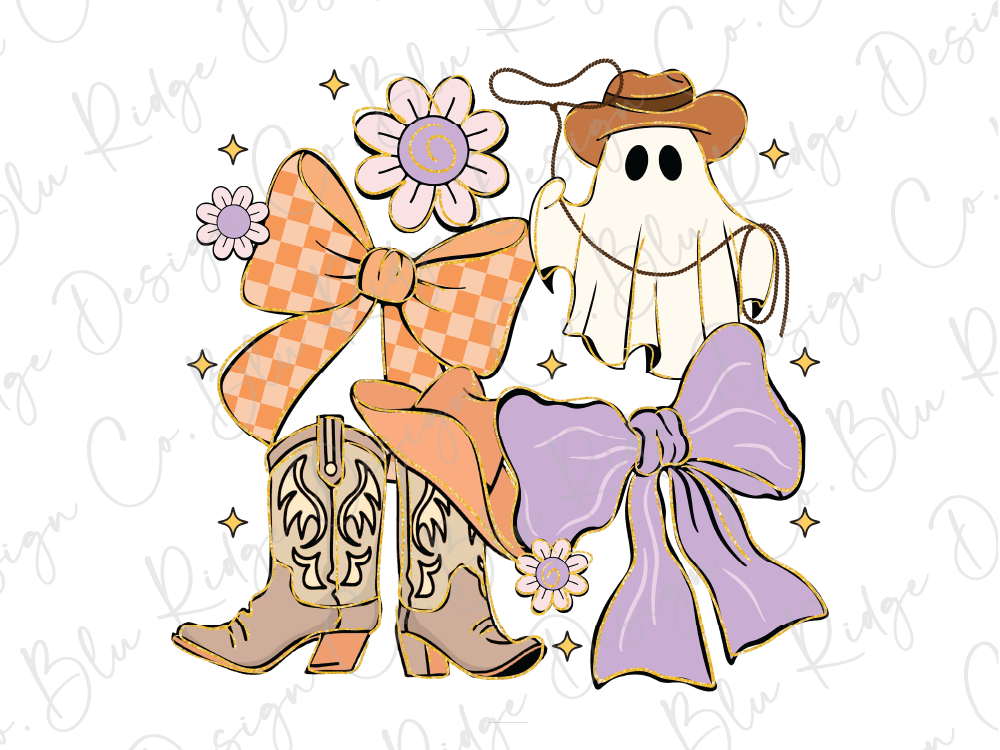 The image is a whimsical illustration featuring a ghost, cowboy boots, a bow, and flowers, all set against a starry background.