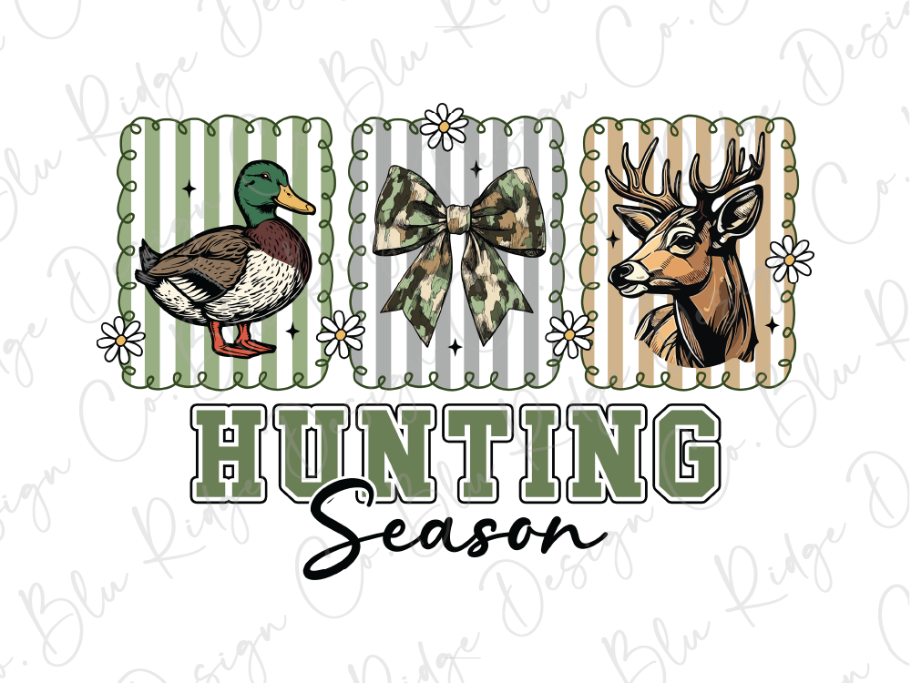 The image is a collage of three pictures depicting a duck, a bow, and a deer, with the word "HUNTING Season" written below them.