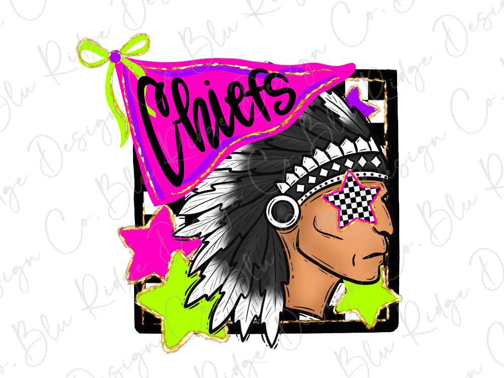 a stylized illustration of a Native American headdress with a star-shaped eye patch, surrounded by colorful stars and a pink and green flag with the word "Chiefs" written on it.