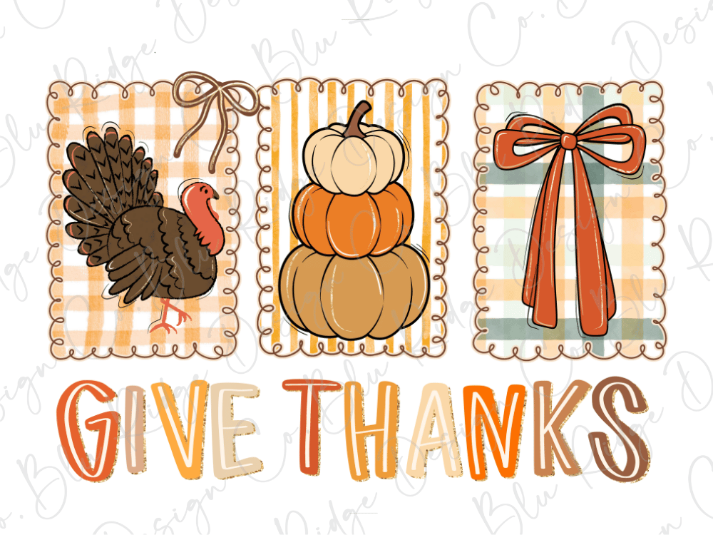 The image is a Thanksgiving-themed collage with illustrations of a turkey, a stack of pumpkins, and a bow. The text "GIVE THANKS" is displayed prominently in the center of the image.