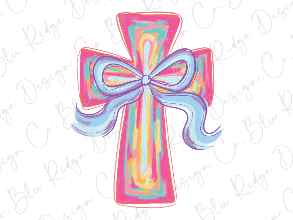 a colorful cross with a blue bow on it