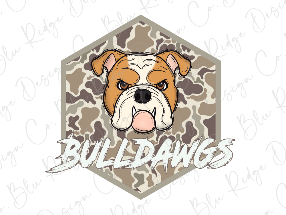 a cartoon bulldog with a camouflage pattern, and the text "BULLDAWGS" is displayed below the dog's head.