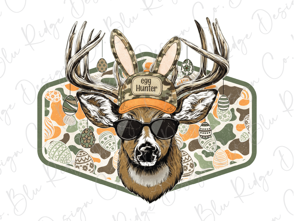 A deer wearing sunglasses and a hat with the word "Egg Hunter" on it, surrounded by Easter eggs and decorations.