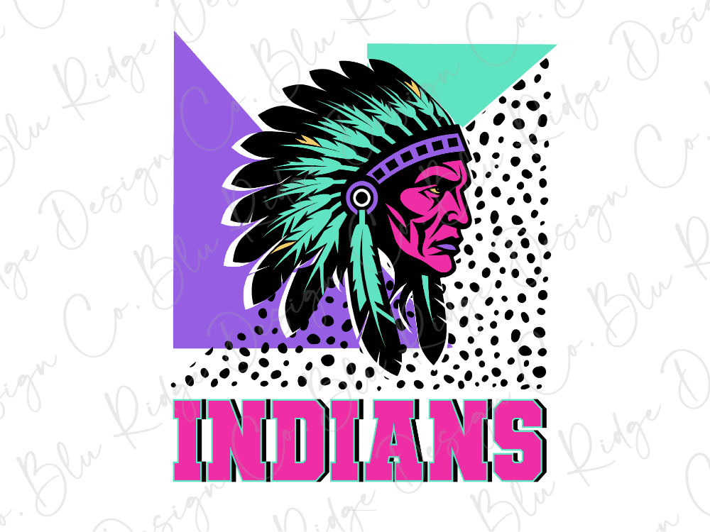 a colorful illustration of a Native American headdress with the word "INDIANS" written below it in bold pink letters.