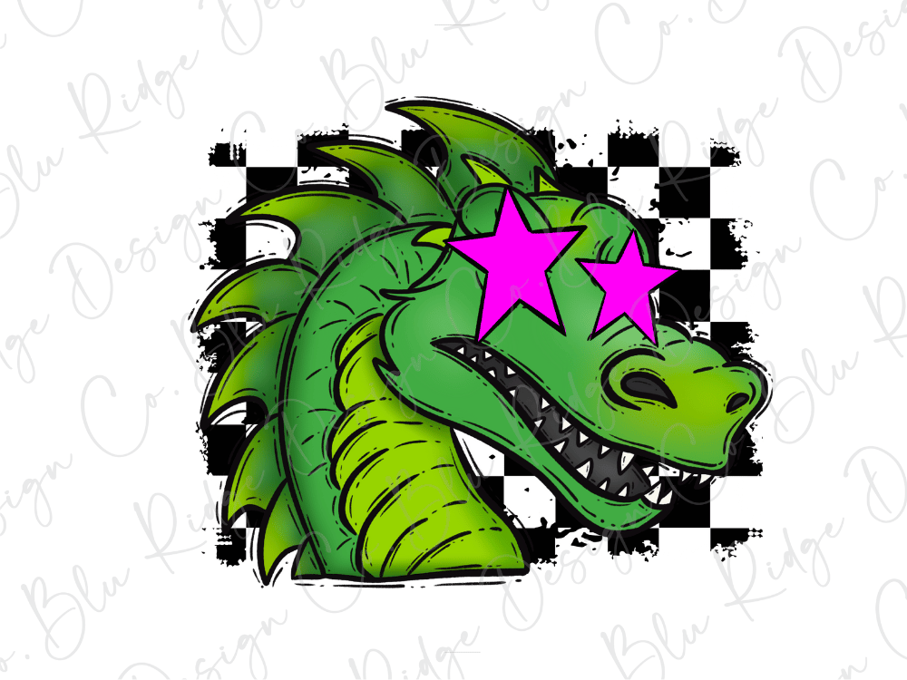 A cartoon-style illustration of a green dragon with pink star-shaped eyes, set against a black and white checkered background.