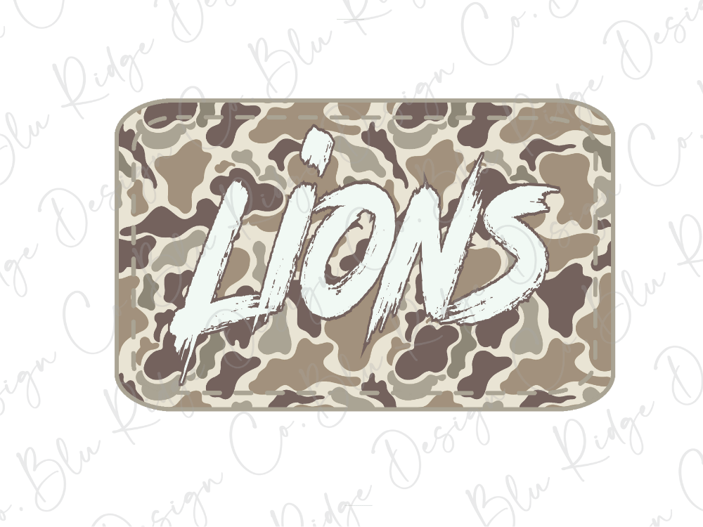 A camouflage-patterned rectangular object with the word "LIONS" written in bold white letters.