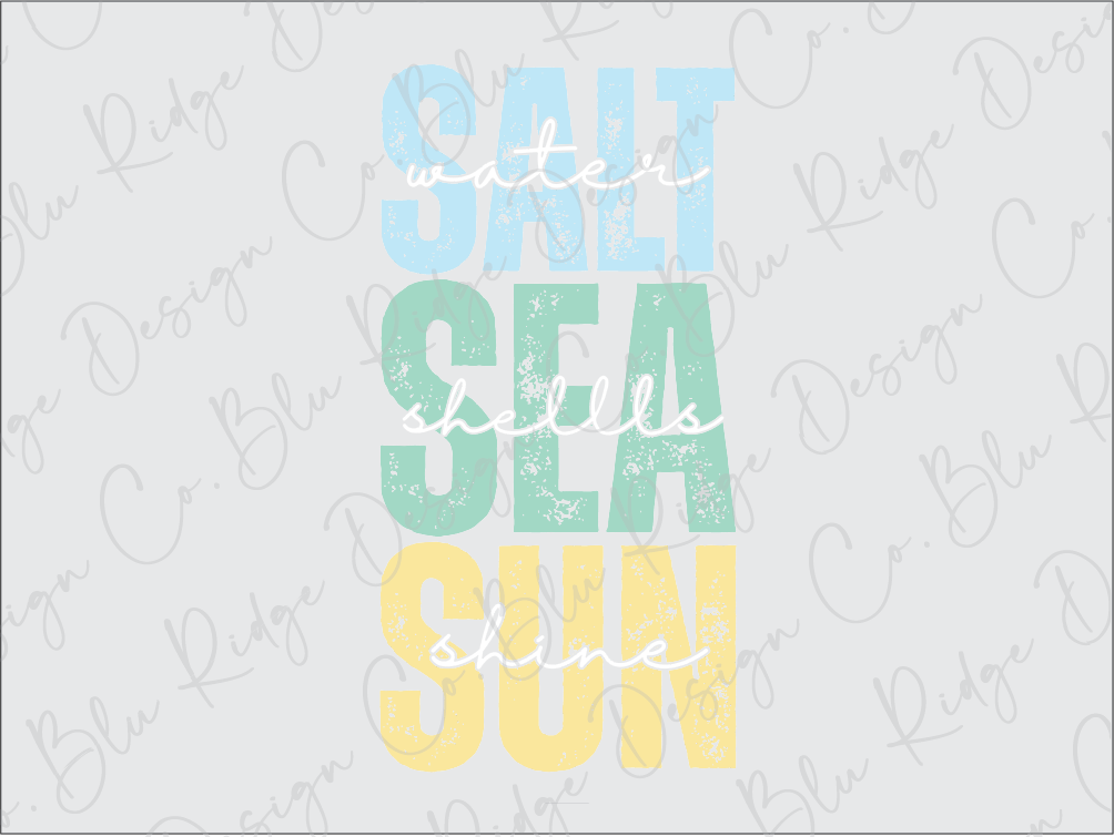 the words salt, sea, sun, water, and sea are written in different