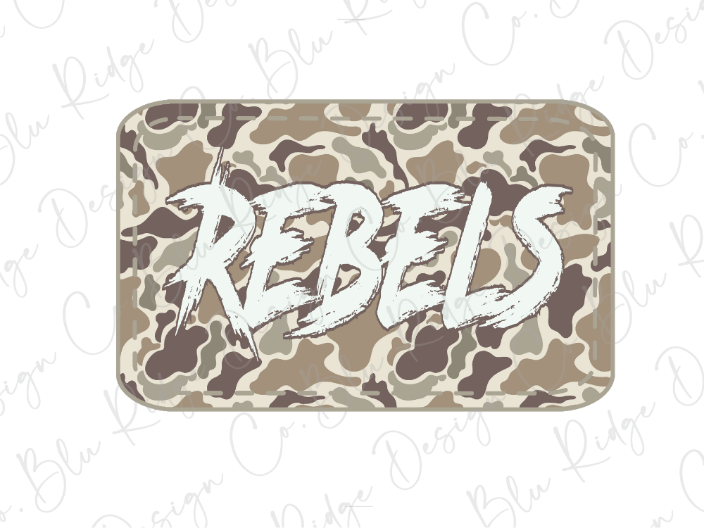 A camouflage-patterned sticker or decal with the word "REBELS" written in a bold, stylized font.