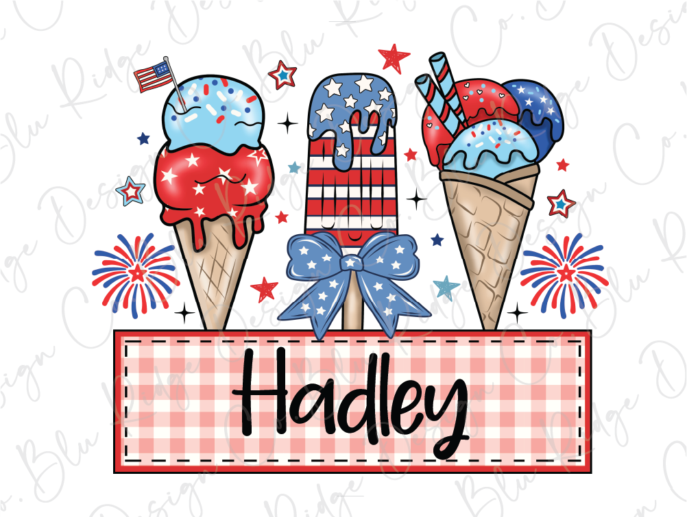 three ice cream cones with red, white and blue toppings