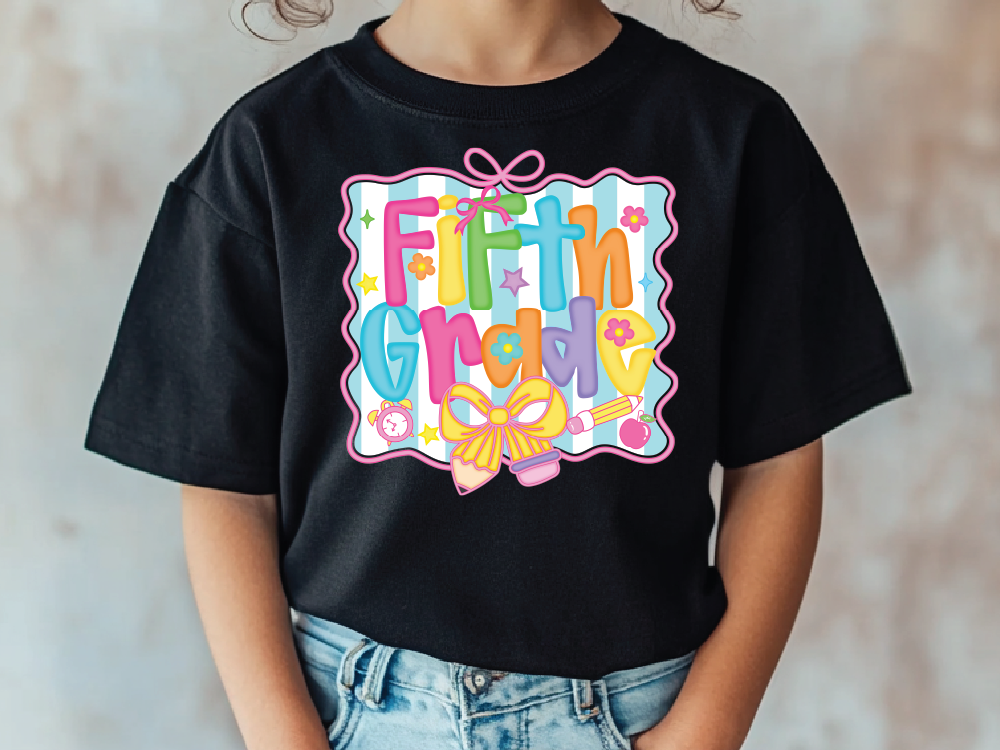 a little girl wearing a black shirt that says fifth grade
