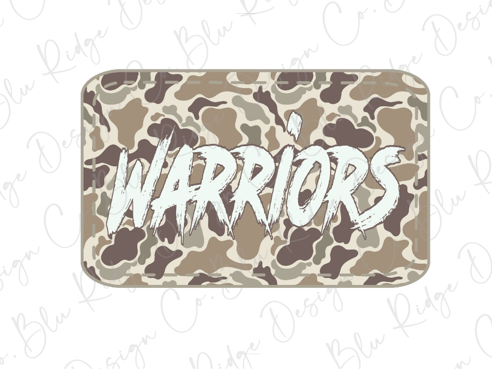 A camouflage-patterned sticker or decal with the word "WARRIORS" written in bold, white letters.