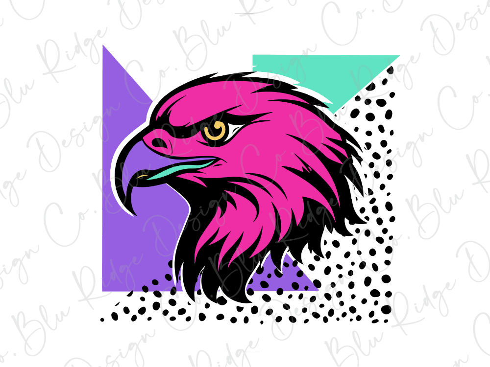 A stylized illustration of a pink eagle head with a black beak and sharp talons, set against a background of geometric shapes in various colors including purple, green, and white.