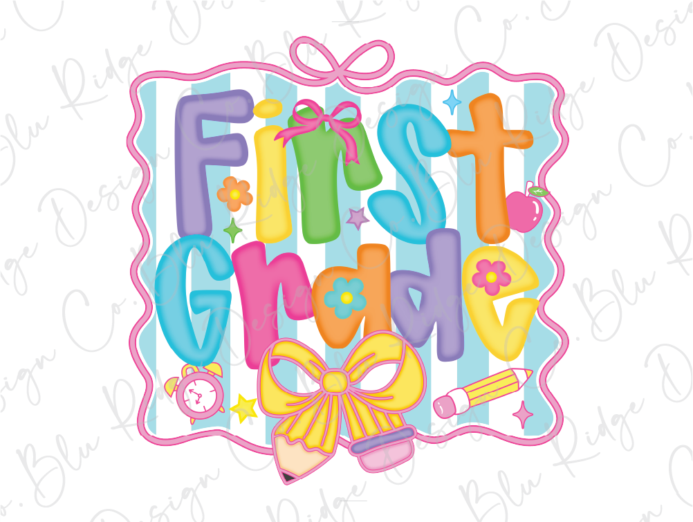 a picture of a first grade sign with a bow