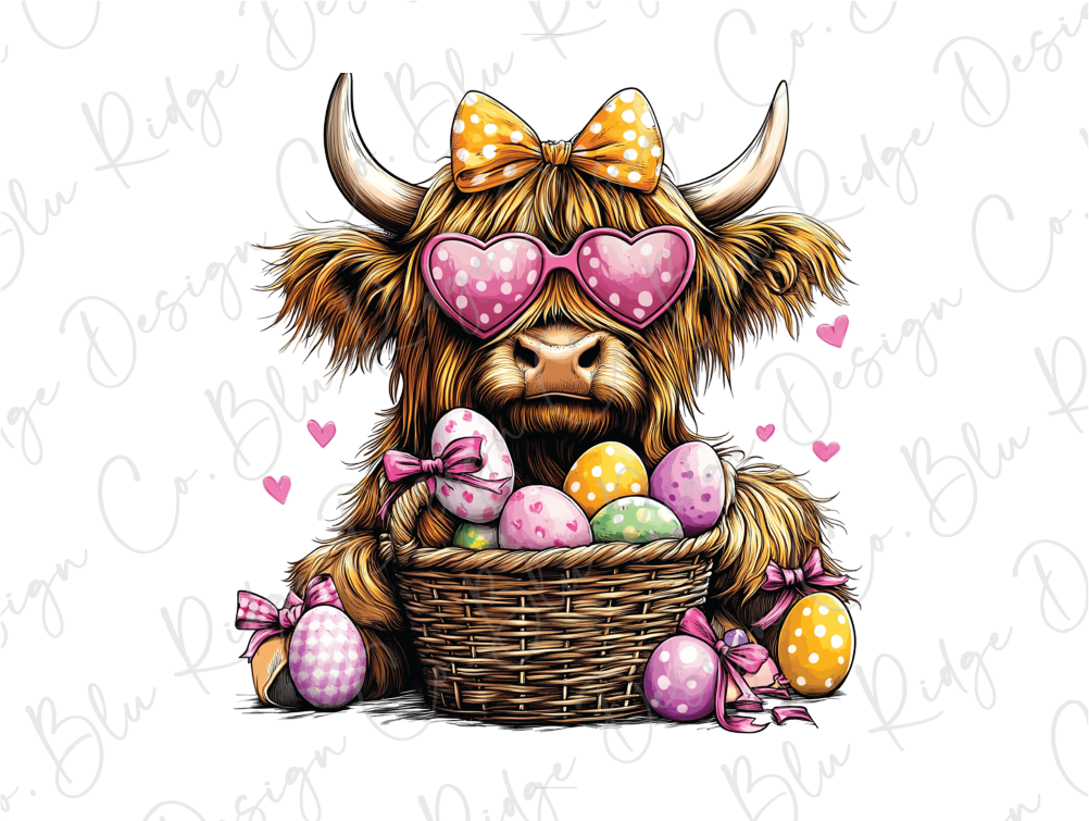 a cow wearing sunglasses and a bow holding a basket of eggs