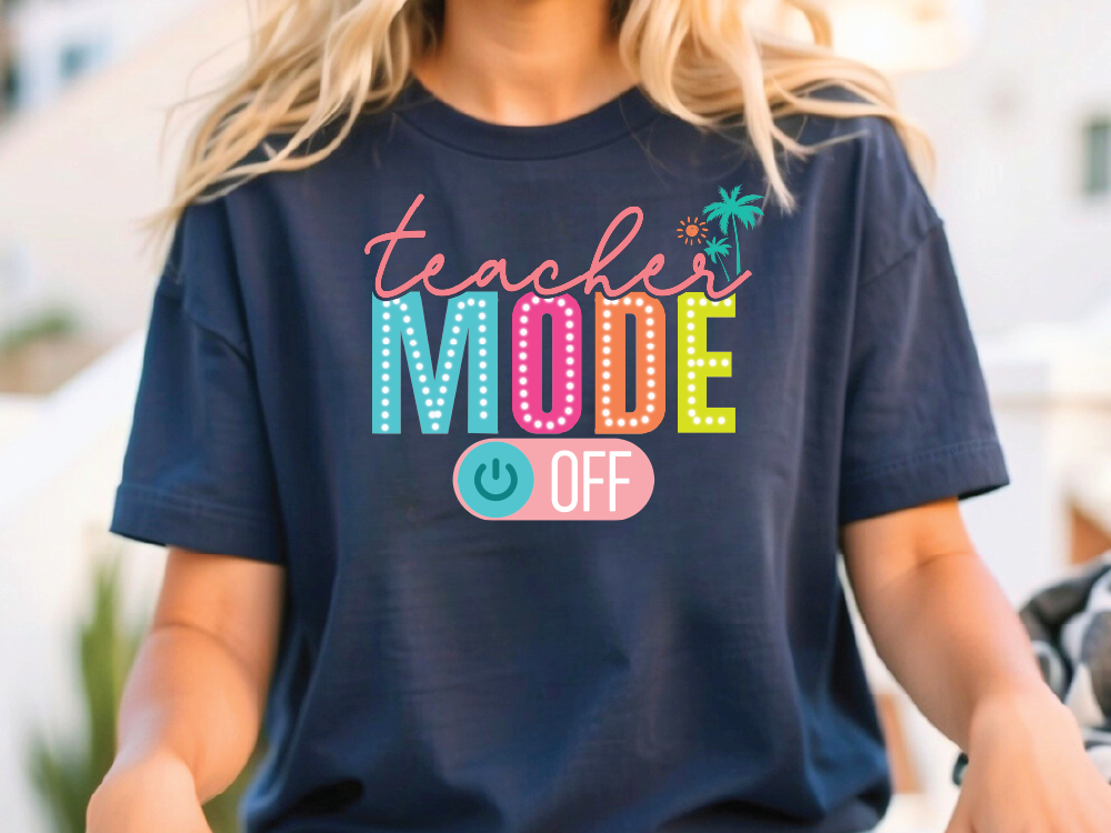 a woman wearing a t - shirt that says teach mode off