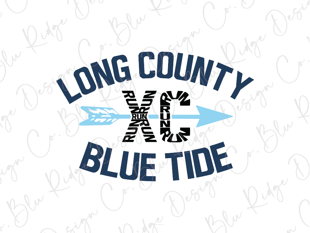 the text "LONG COUNTY RUN RUN RUN RUN" with an arrow pointing to the right, accompanied by the text "BLUE TIDE".