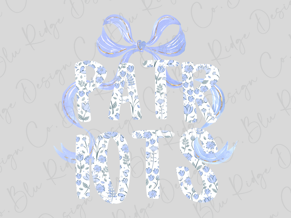 the word "PATRIOTS" written in a stylized, floral-patterned font, with a large blue bow above the letters.
